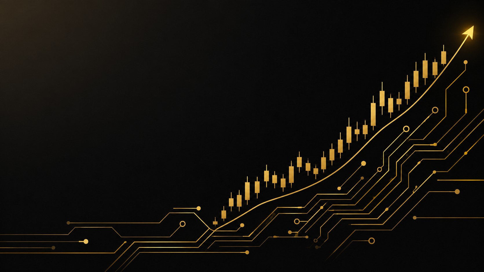 Abstract circuit patterns forming a rising stock chart